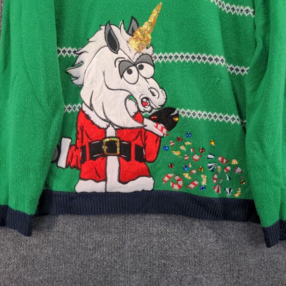 Jolly Sweaters Ugly Christmas Sweater Unicorn Santa Mens SZ XL Green Embroidered - Picture 8 of 13